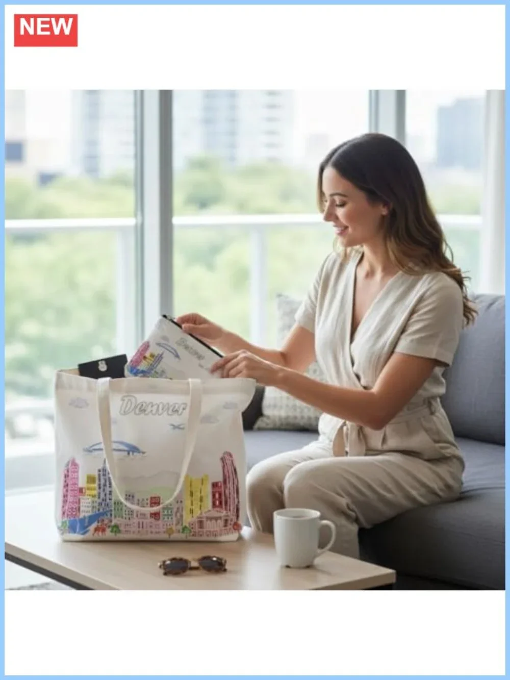Cotton Canvas Tote Bag with Magnetic Zipper Closure, Reusable City Artwork,